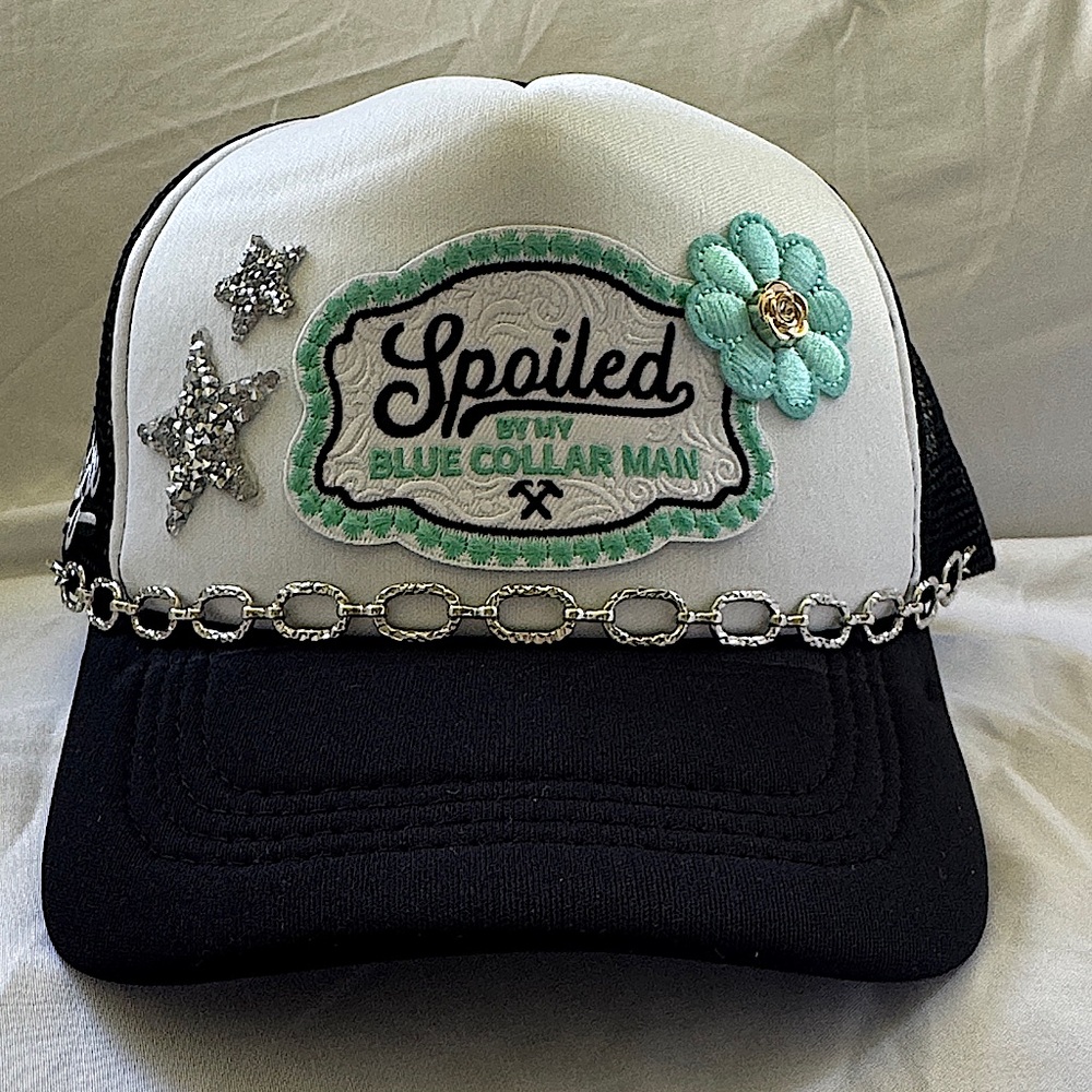 Spoiled by My Blue Collar Man Black and White snap back trucker hat